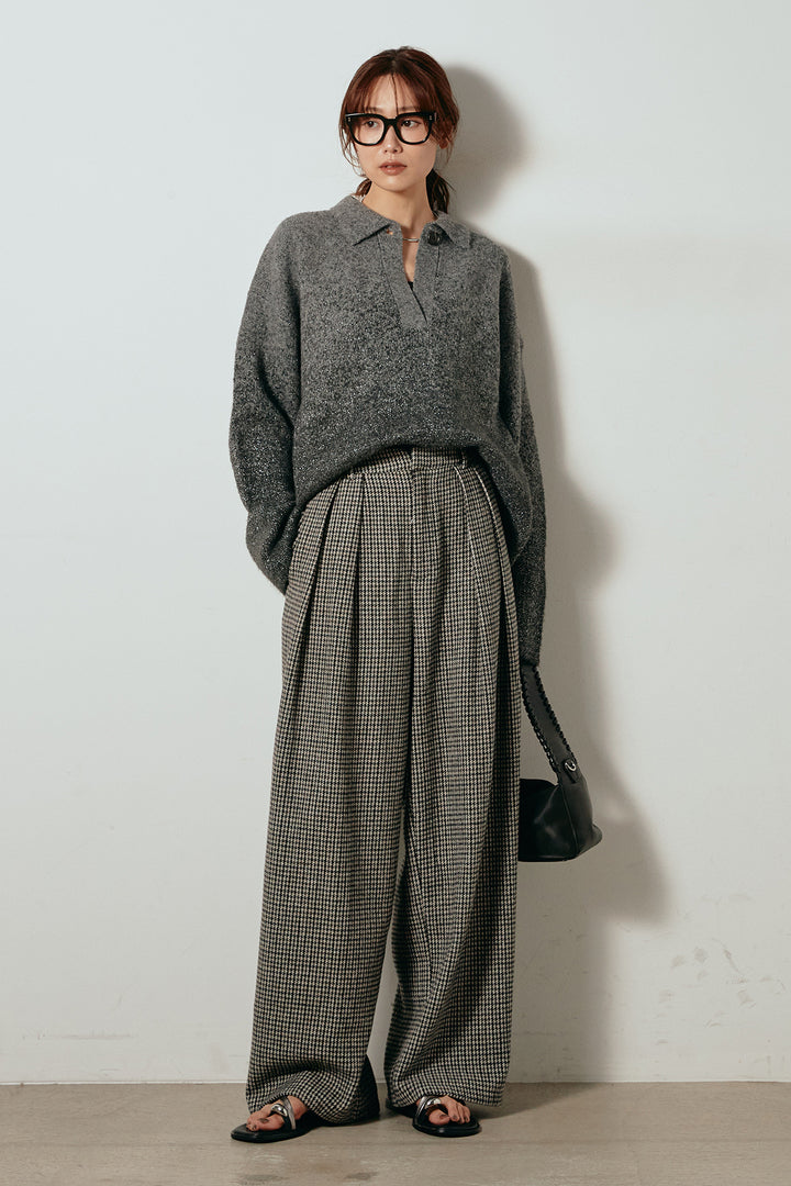 [SET]グラデーションラメニットキーネックプルオーバー+ガンクラブチェックタックパンツ(2set)