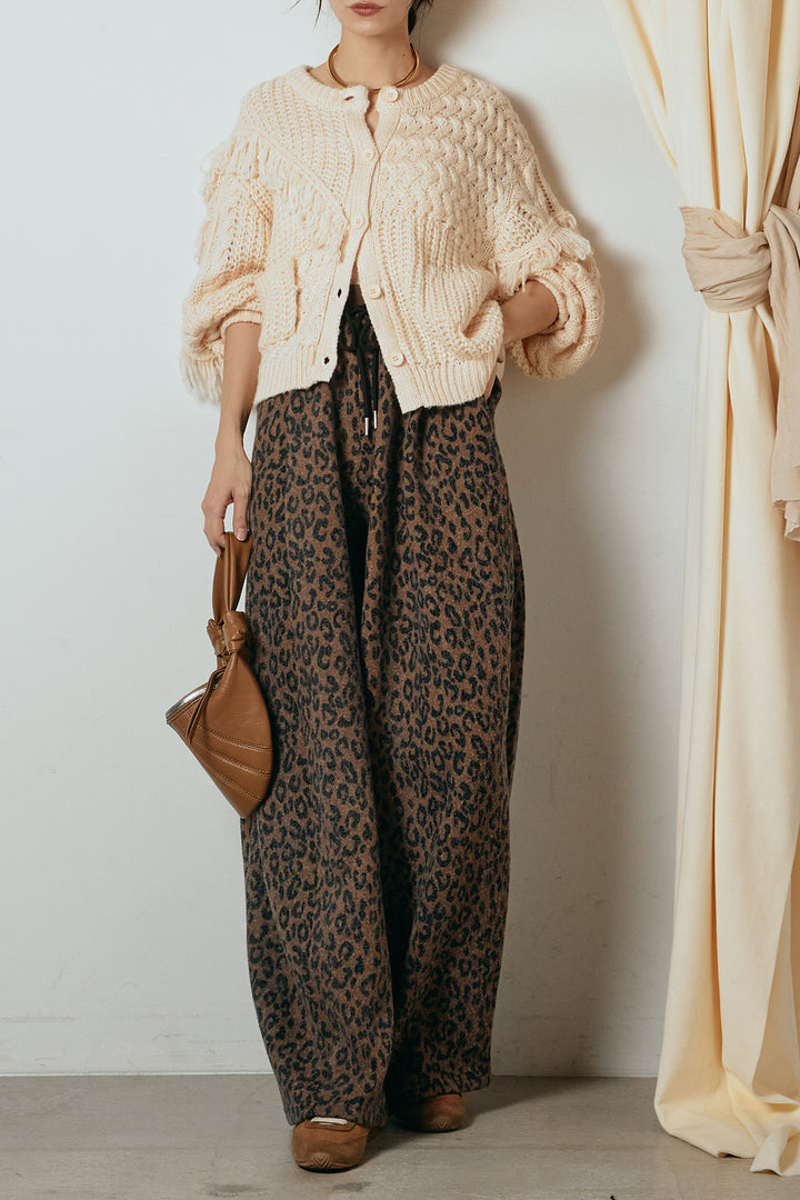 [SET]ランダムフリンジニットカーディガン+リラックスレオパード柄ワイドパンツ(2set)
