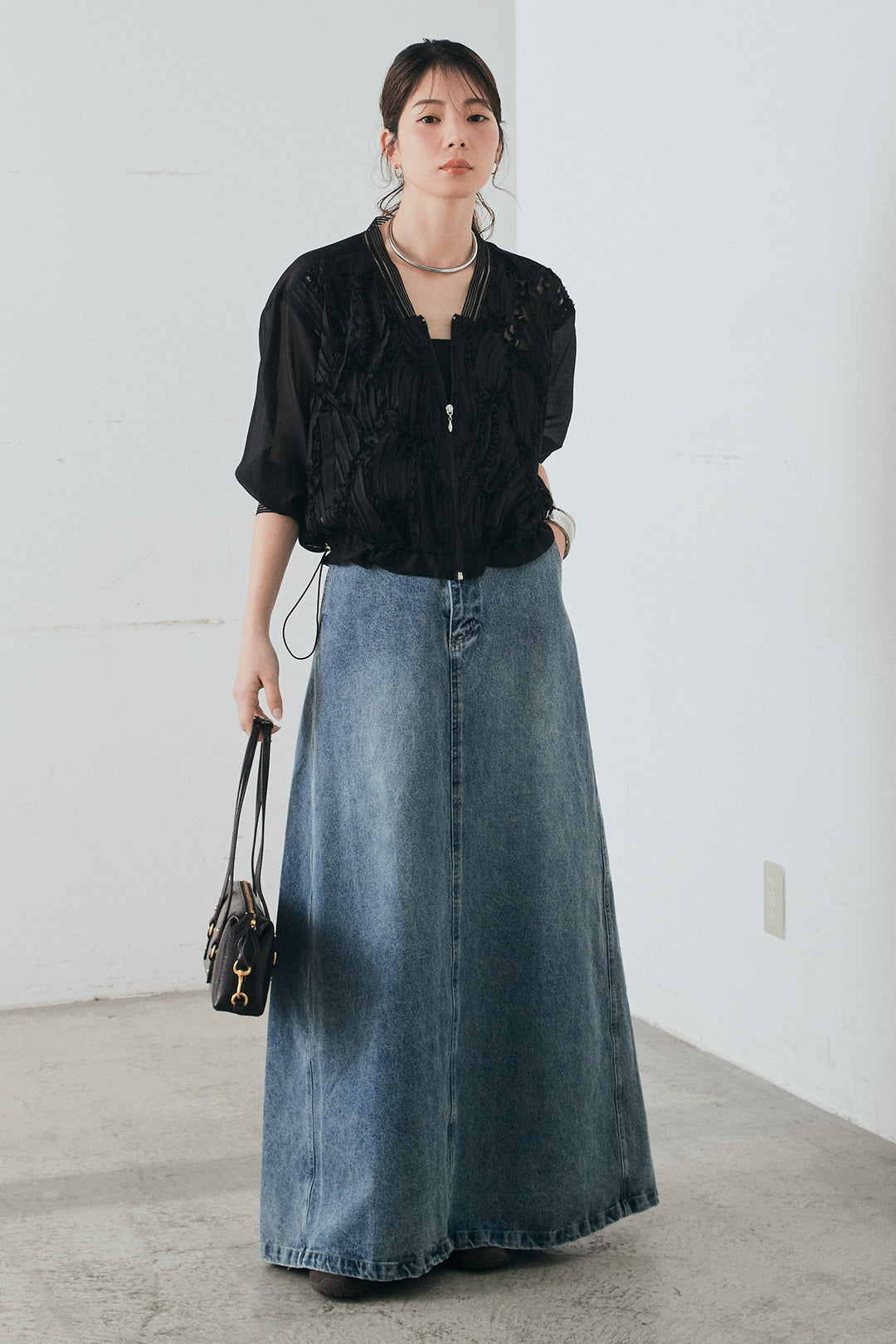 [SET]モチーフ付きシアーブルゾン+デニムロングフレアスカート(2set)