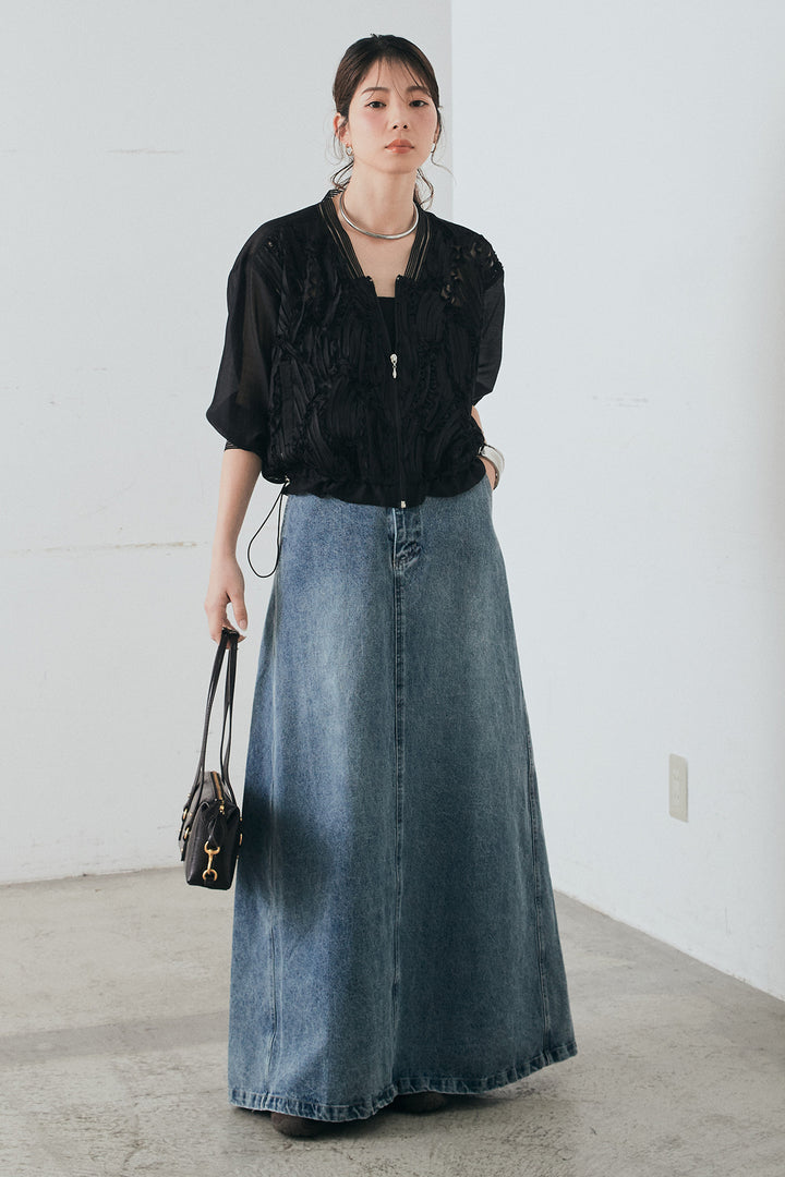 [SET]モチーフ付きシアーブルゾン+デニムロングフレアスカート(2set)