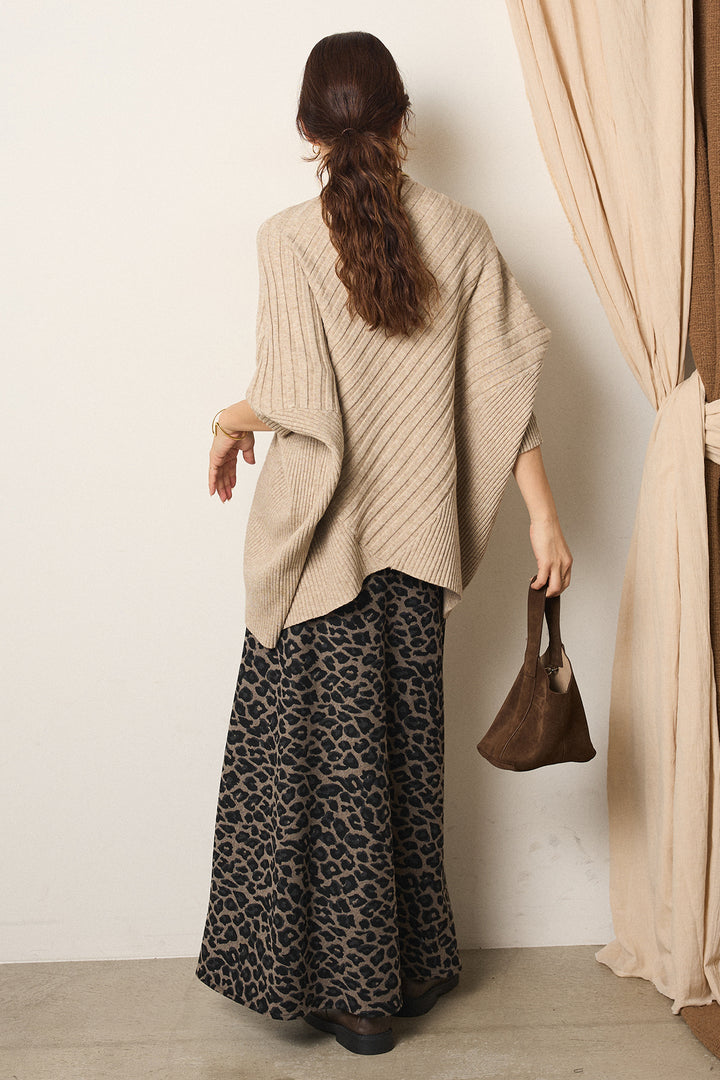 [SET]アシメデザインリブポンチョニットトップス+レオパードロングスカート(2set)
