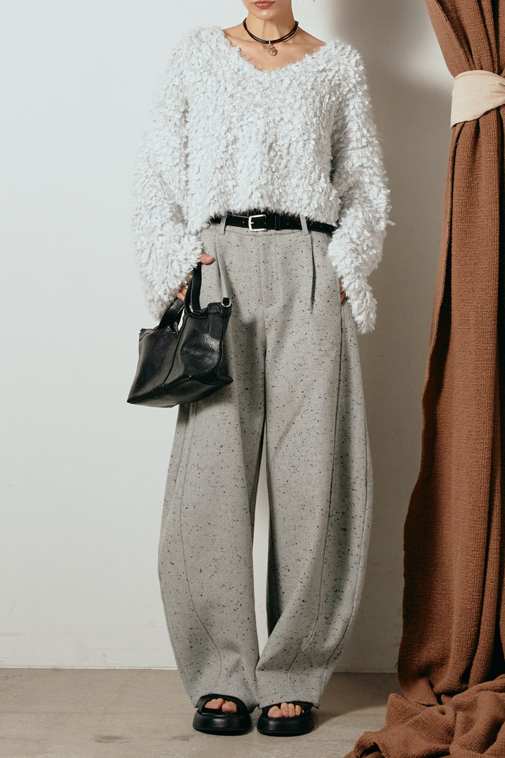 [SET]深Vネックチョウチョヤーンニットトップス+ベルト付きネップツイードカーブパンツ(2set)