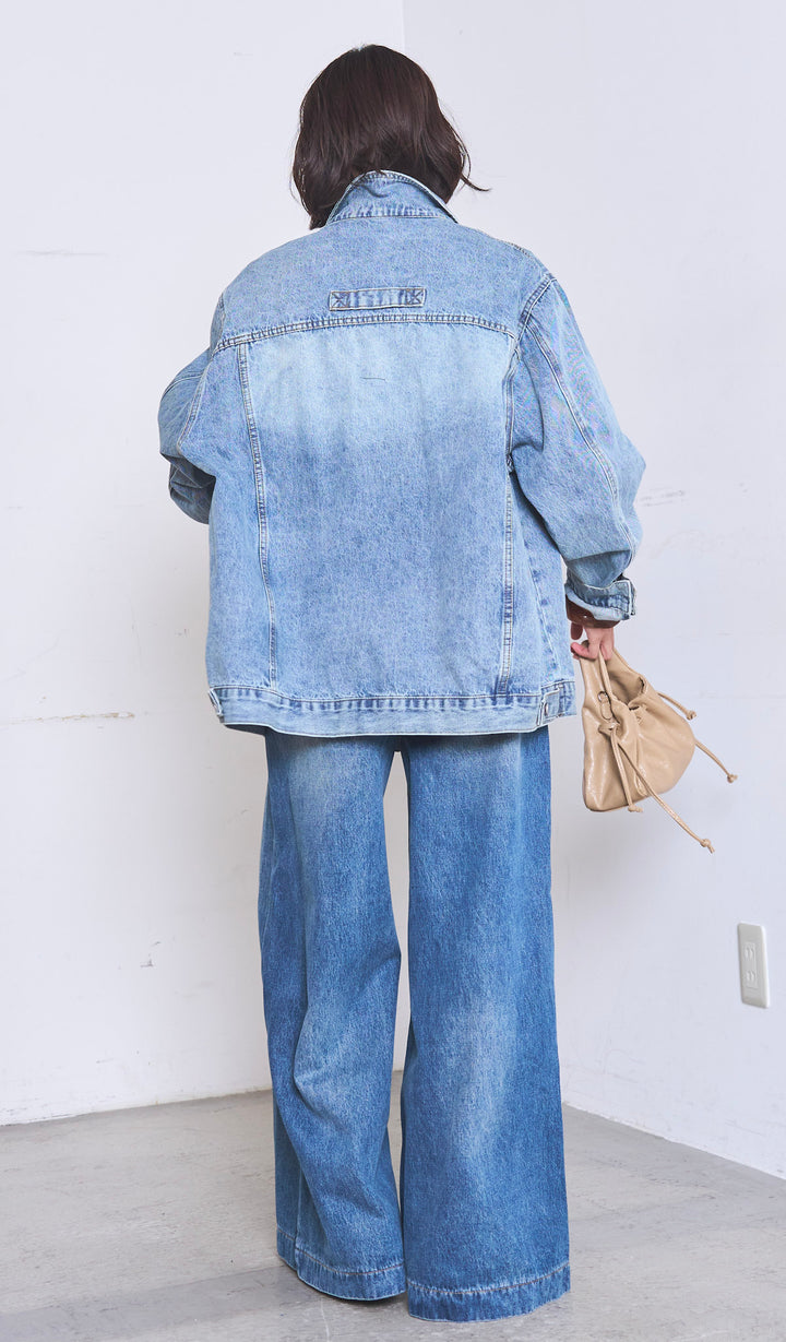 [SET]ケミカルデニムカバーオールジャケット+ベルトループワイドタックデニムパンツ(2set)