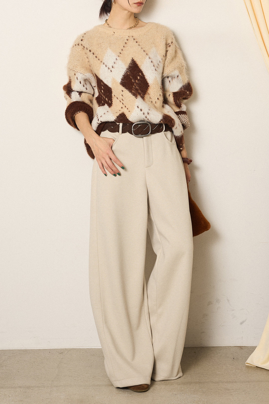[SET]配色アーガイル柄ニットトップス+編みベルト付きワイドパンツ(2set)