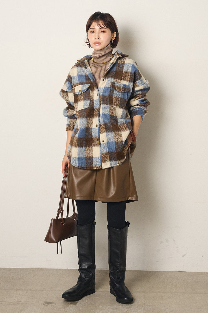 [SET]起毛チェック柄ポケットアウター+ストレッチエコレザーバミューダパンツ(2set)