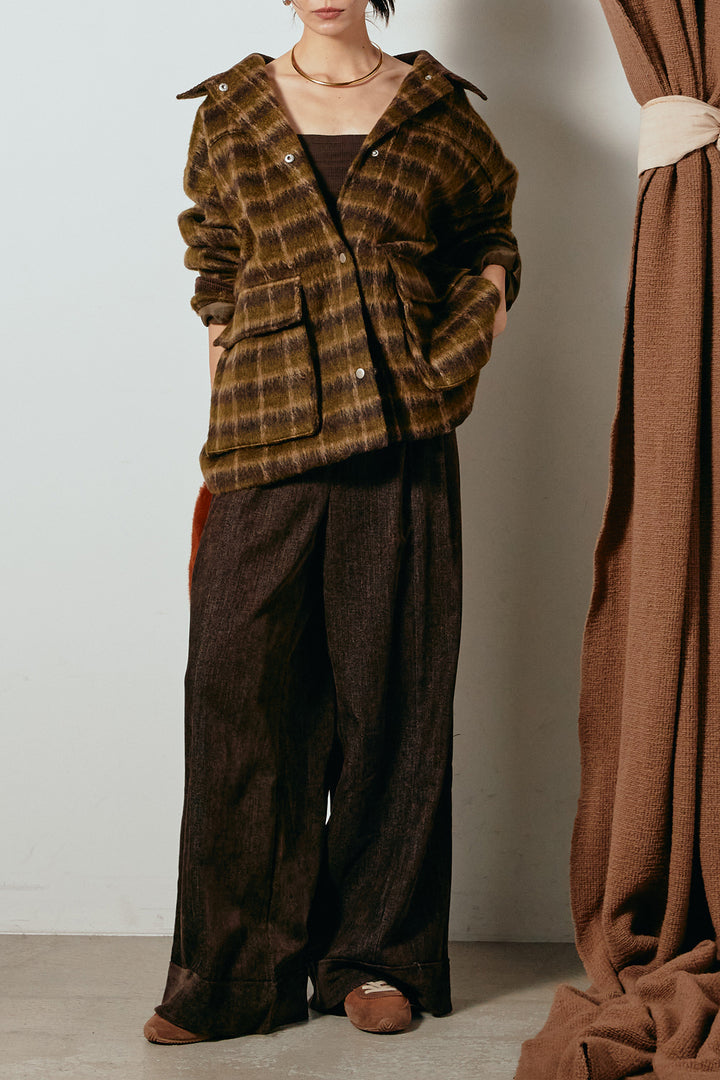 [SET]チェックシャギーミドルカバーオール+フェイクレザーベルト付きスウェードライクワイドパンツ(2set)