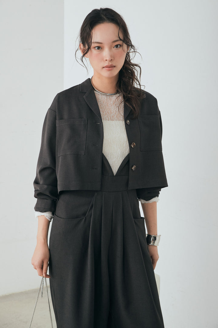 [SET]バックジップデザインショートツイルジャケット+キャミロングオールインワン(2set)