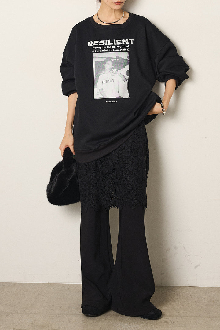 [SET]モノトーンプリントスウェット+レース刺繍レイヤードフレアパンツ(2set)