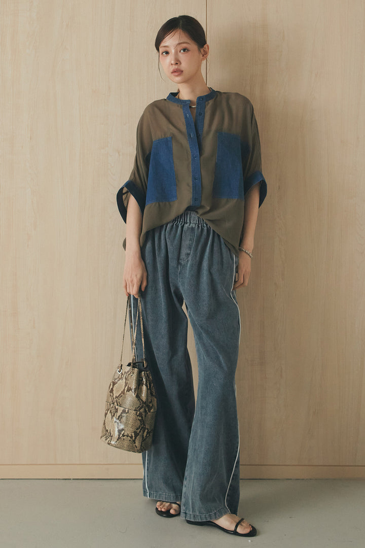 [SET]デニムライクビッグツーポケシアーシャツ+ドロストサイドラインデニムパンツ(2set)
