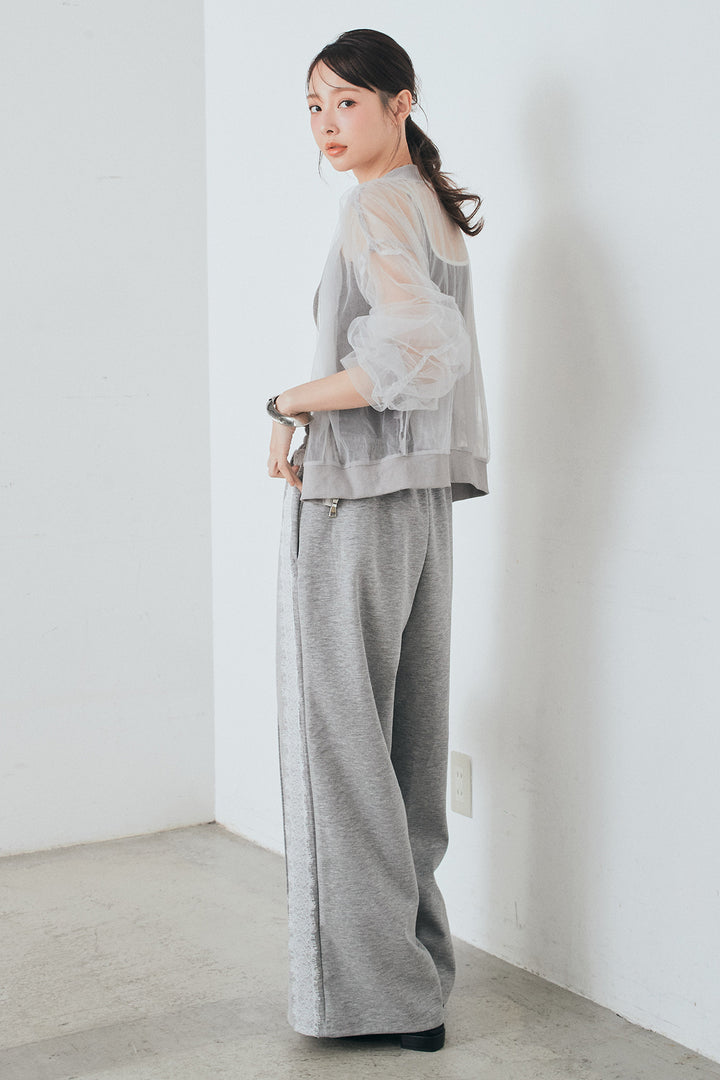 [SET]エアリーチュールスリーブシアーブルゾン+Wフェイスカットソーサイドレースラインパンツ(2set)