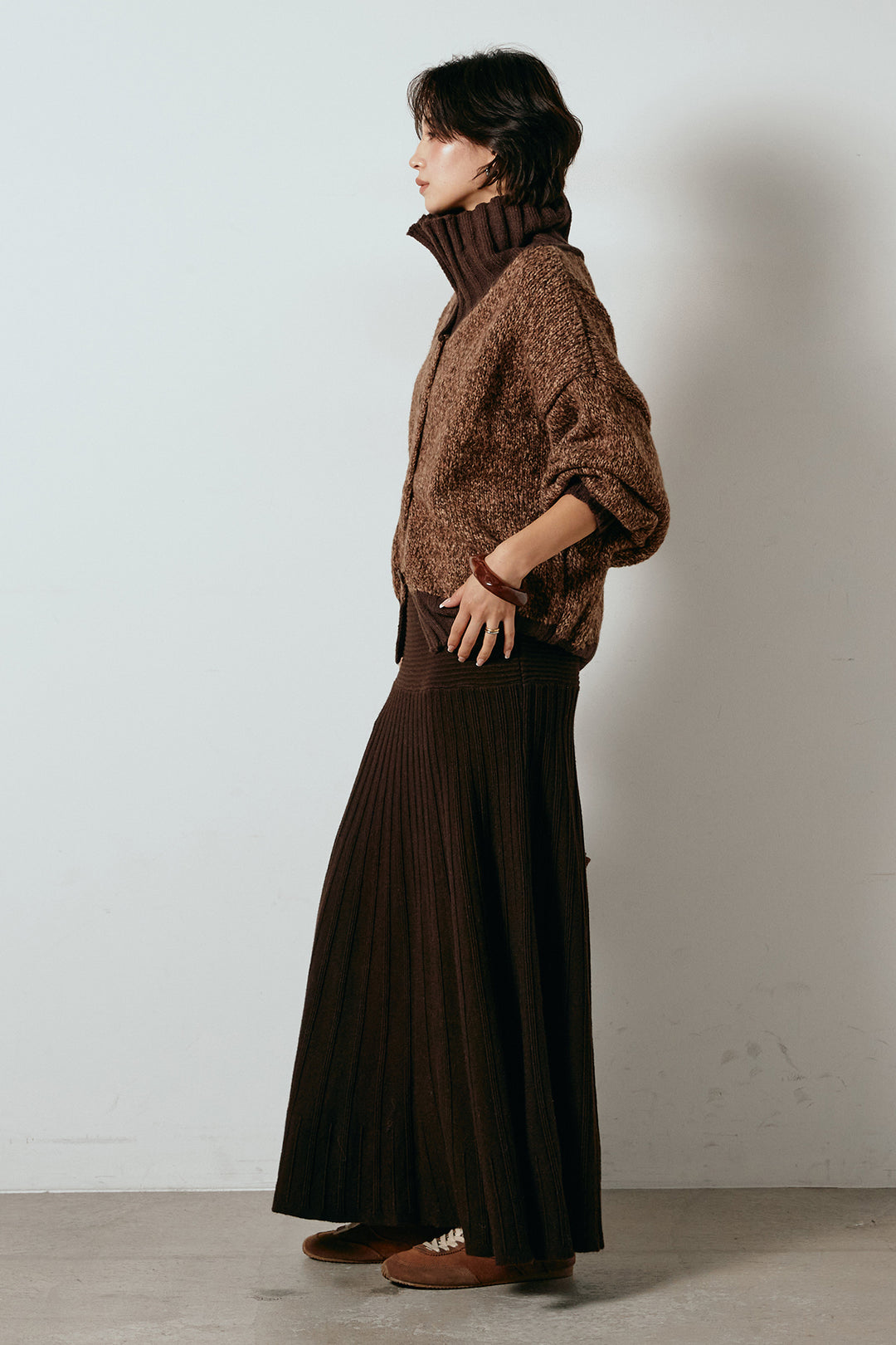[SET]ハイネックミックスニットカーディガン+編み地切り替えフレアニットスカート(2set)
