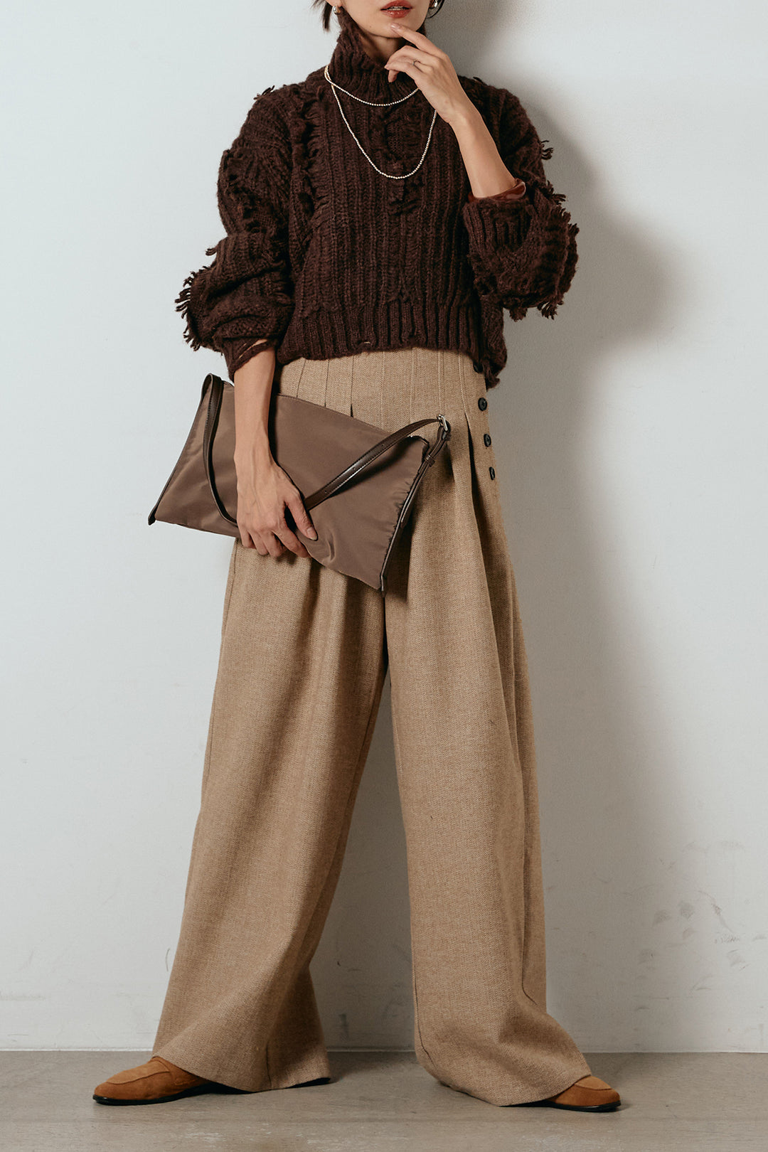 [SET]フリンジタートルショートニット+サイドボタンツイードタックパンツ(2set)