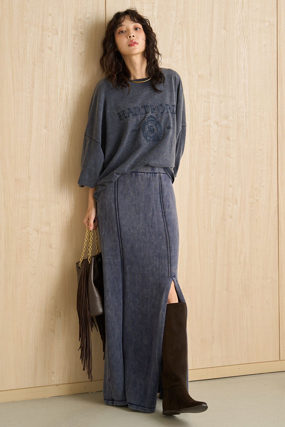 [SET]袖ボリュームHARTFORD刺繍Tシャツ+ピグメントリラックスニットスカート(2set)