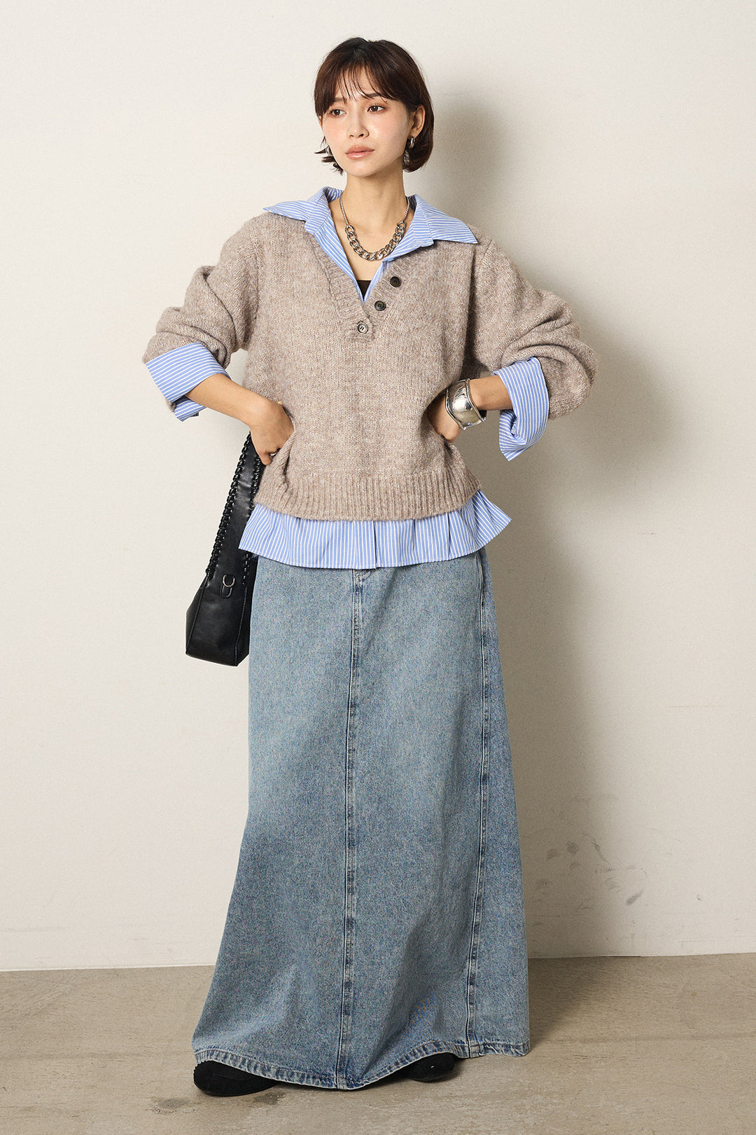 [SET]ストライプシャツドッキングニットポロトップス+デニムロングフレアスカート(2set)