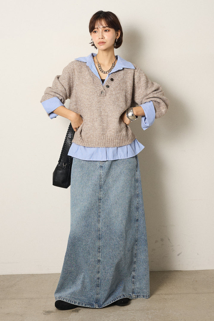 [SET]ストライプシャツドッキングニットポロトップス+デニムロングフレアスカート(2set)