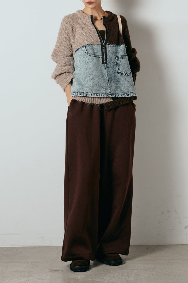 [SET]ハーフジップニットデニムドッキングトップス+裏起毛スウェットワイドパンツ(2set)