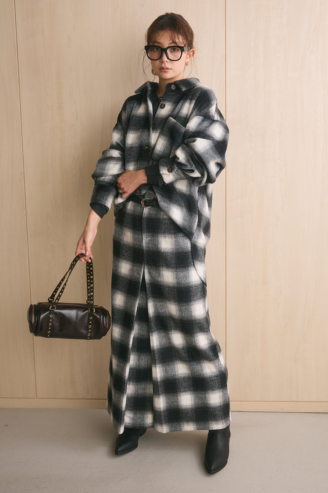 [SET]起毛チェック柄シャツジャケット+起毛チェック柄ボックスタックスカート(2set)