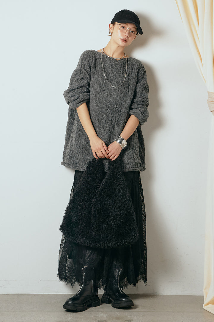 [SET]ボリューム編みニットプルオーバー+ひげレース切替ロング丈スカート(2set)