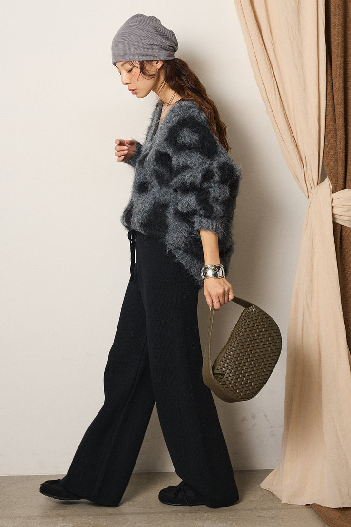 [SET]レオパードシャギータッチカーディガン+ワイドリブニットイージーパンツ(2set)