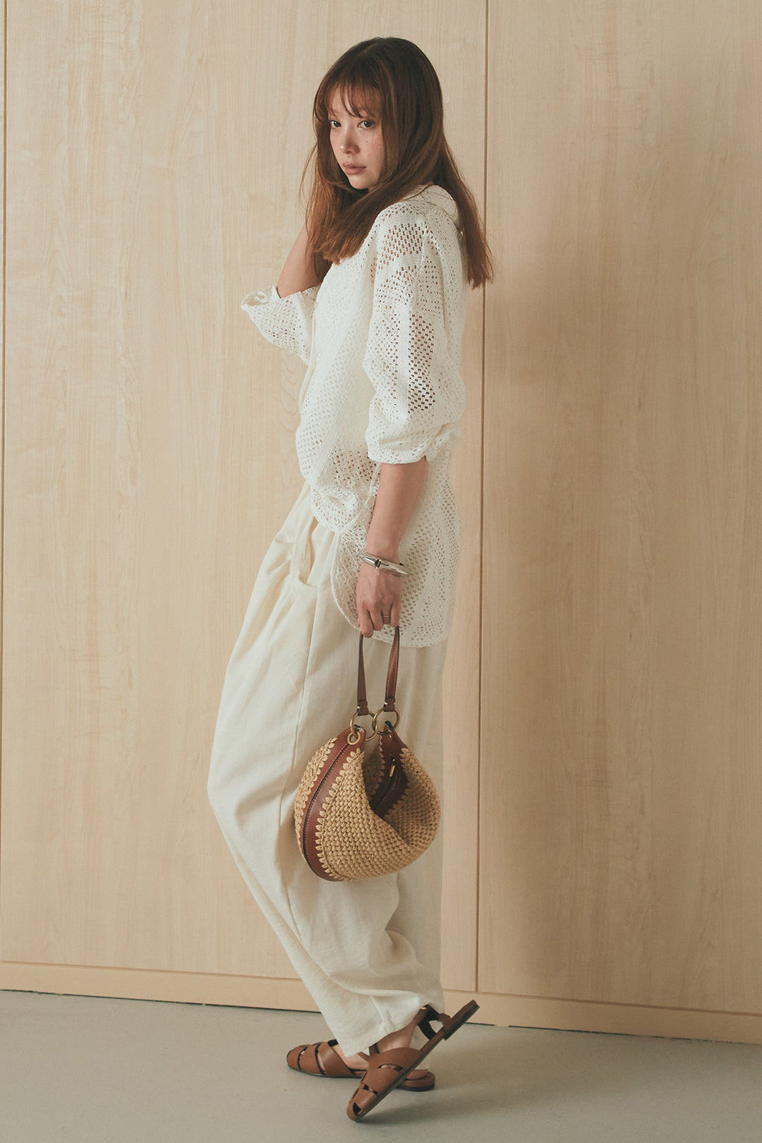 [SET]長袖襟付きレースシャツ+ポケットタックフォルムパンツ(2set)