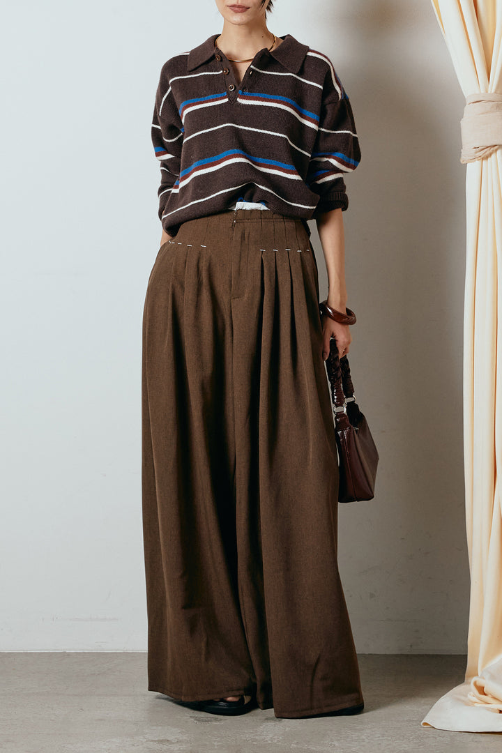 [SET]襟付きマルチボーダーニットポロトップス+ウエストステッチデザインワイドスラックス(2set)