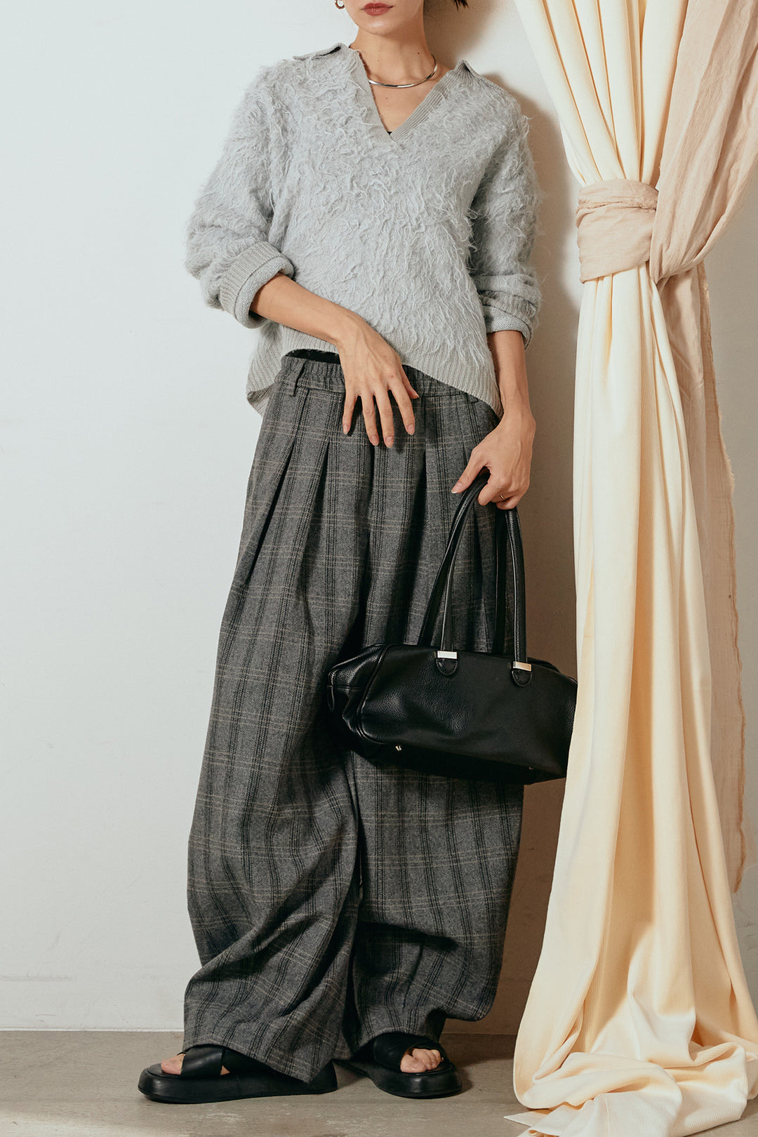 [SET]襟付きシャギーニットポロトップス+タータンチェック柄タックパンツ(2set)