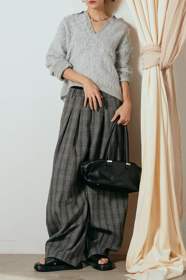 [SET]襟付きシャギーニットポロトップス+タータンチェック柄タックパンツ(2set)