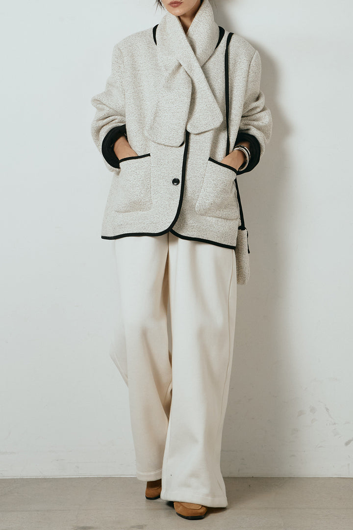 [SET]ノーカラーマフラーバッグ付きアウター+裏起毛スウェットワイドパンツ(2set)