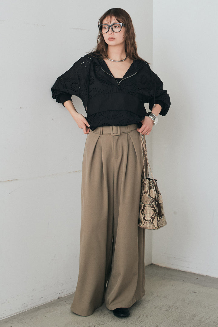 [SET]レースハーフジップアップフーディー+ベルト付きツータックワイドパンツ(2set)