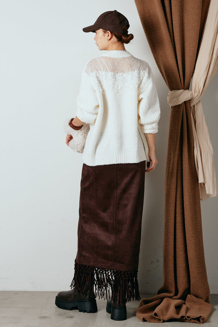 [SET]パターンランダム編みニットトップス+スウェードライク裾フリンジスカート(2set)