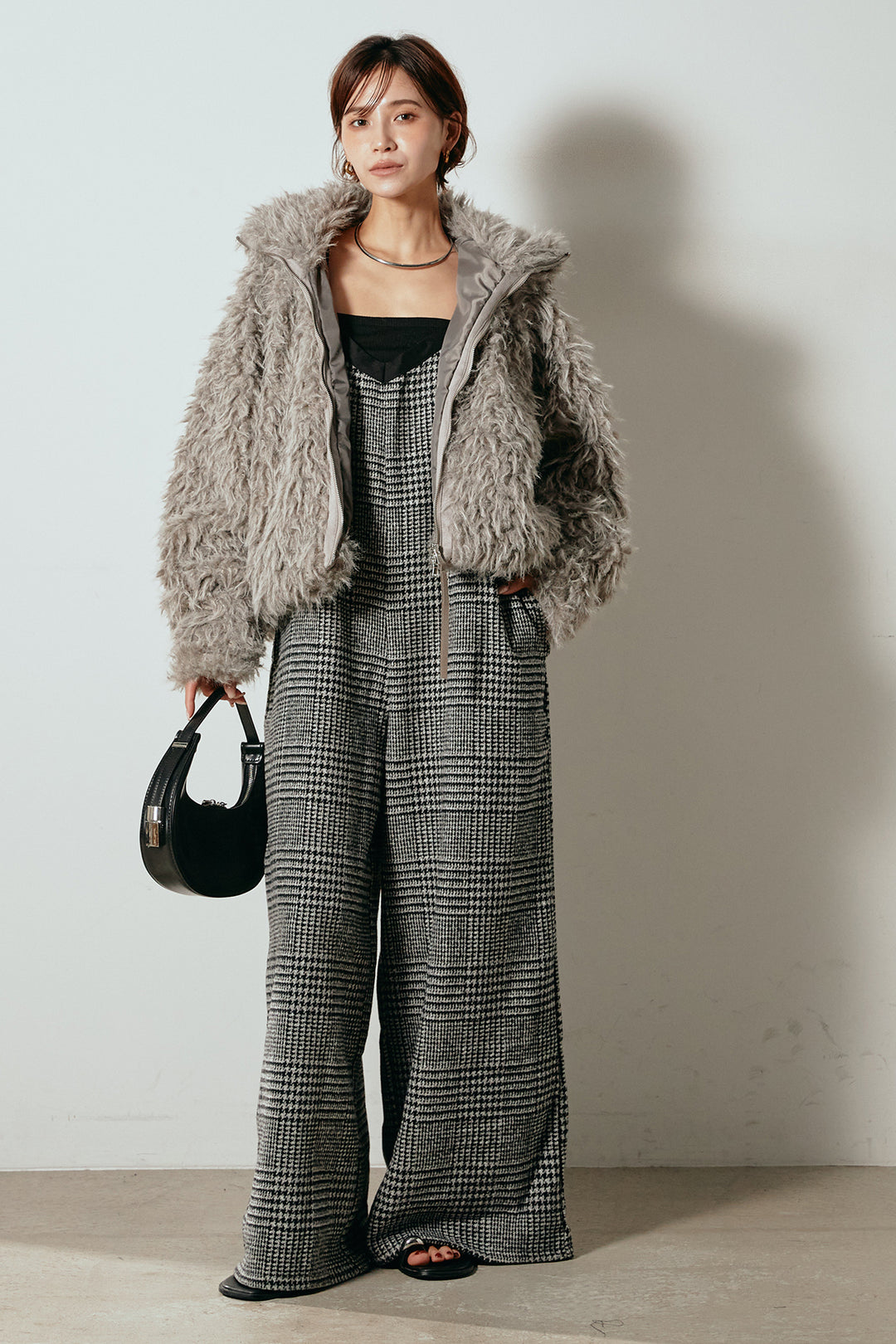 [SET]ミックスシープファースタンドブルゾン+前後2wayグレンチェック柄スカーチョサロペット(2set)