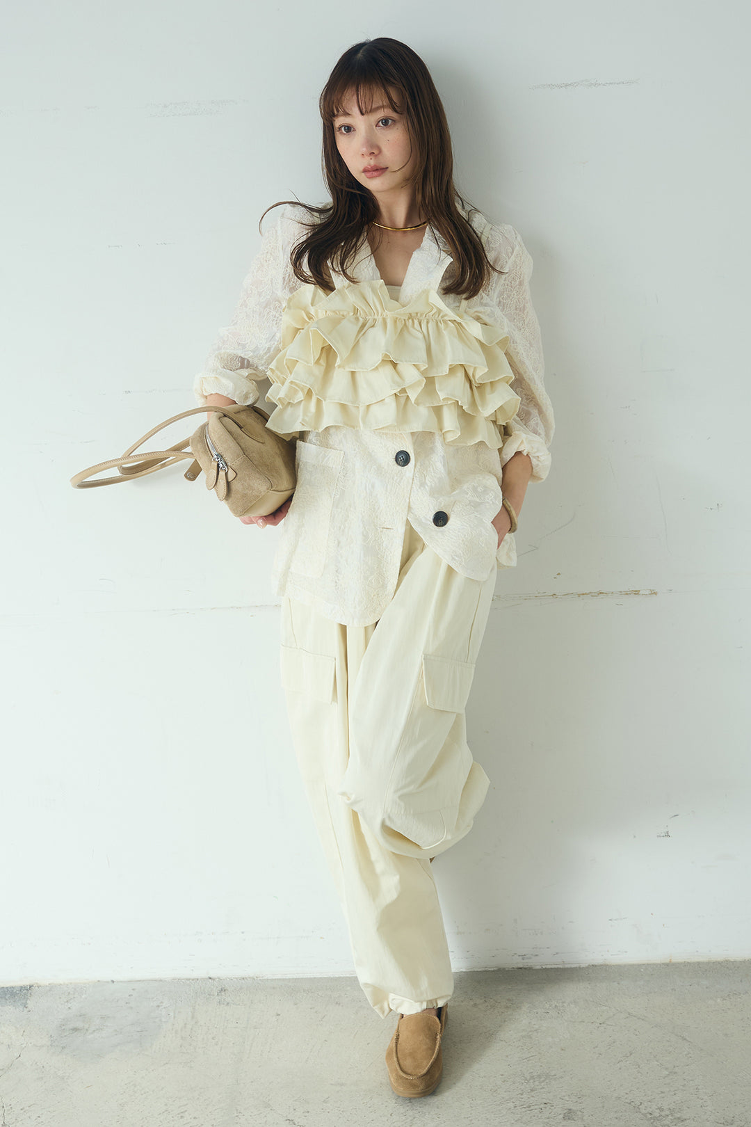 [SET]刺繍シアーテーラードジャケット+撥水フリルビスチェ+撥水ジョガーパンツ(3set)