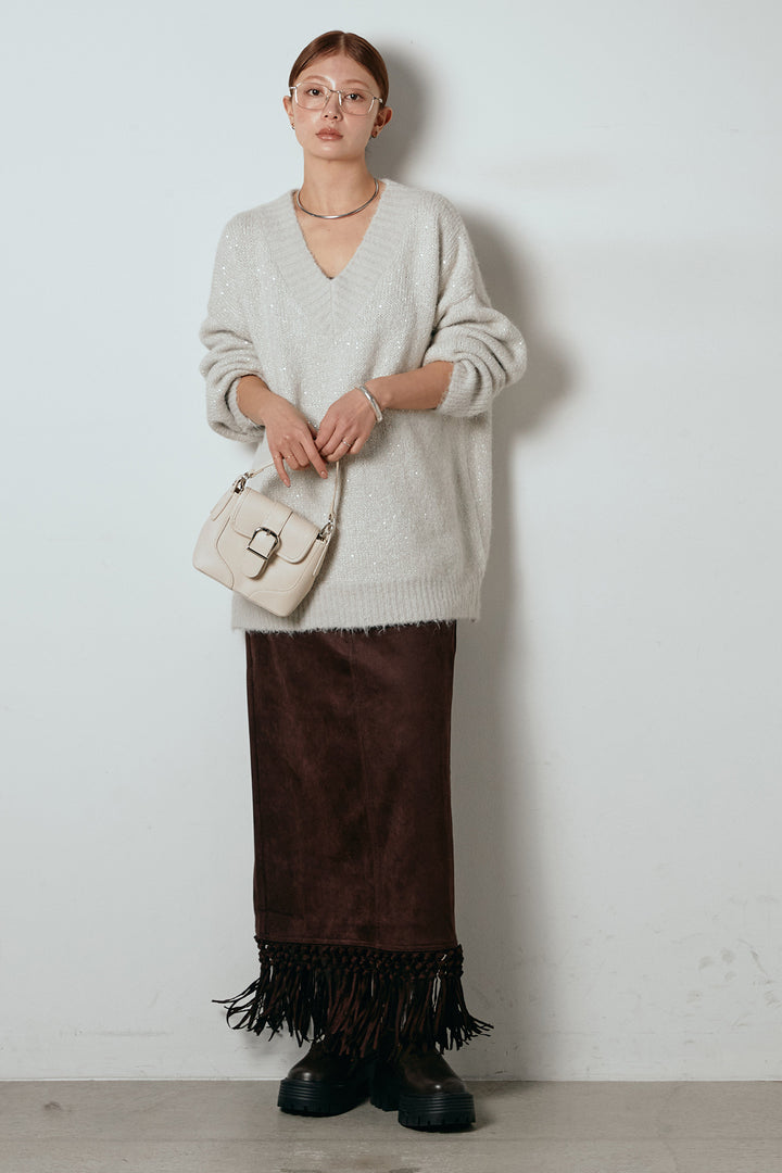 [SET]Vネックルーズラメニットトップス+スウェードライク裾フリンジスカート(2set)