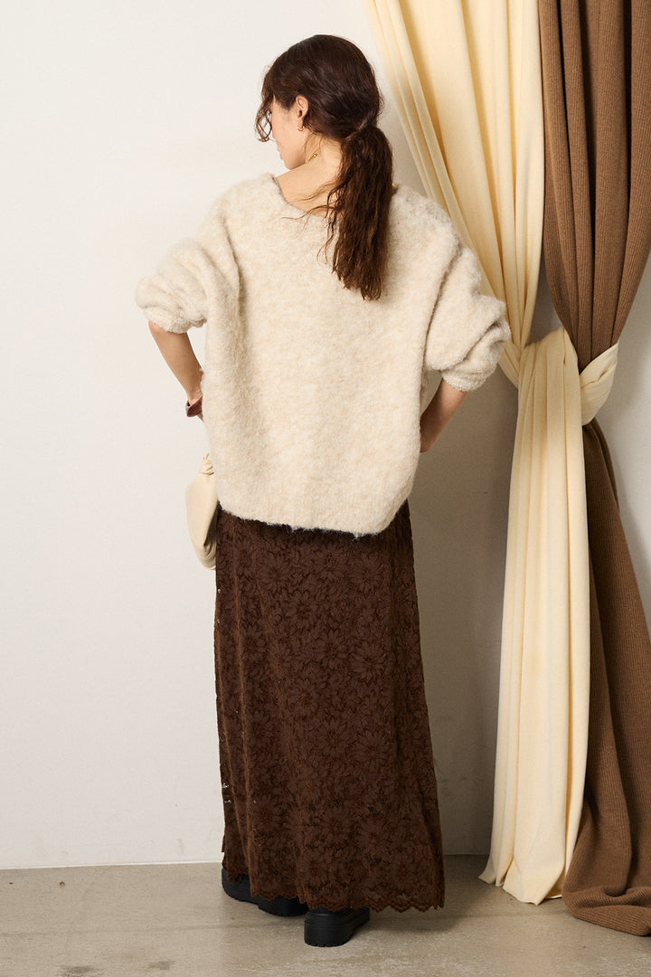 [SET]ウール混透かしロゴニットカーディガン+花柄刺繍ベロアフレアスカート(2set)