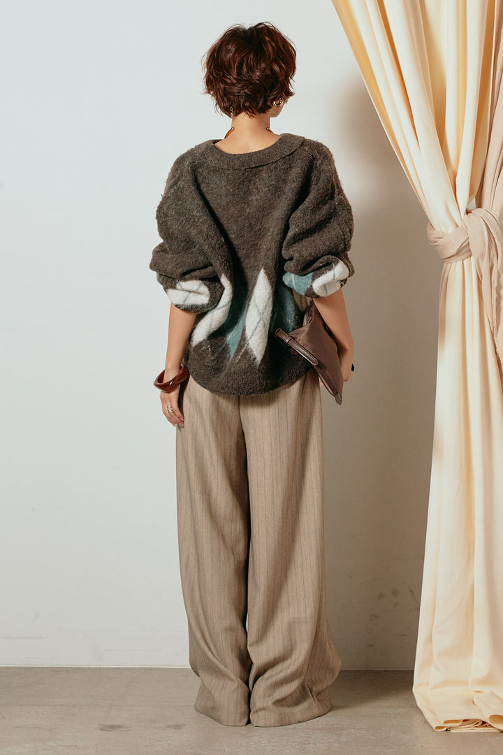 [SET]アーガイル柄ポロニットトップス+ストライプヘリンボーンパンツ(2set)