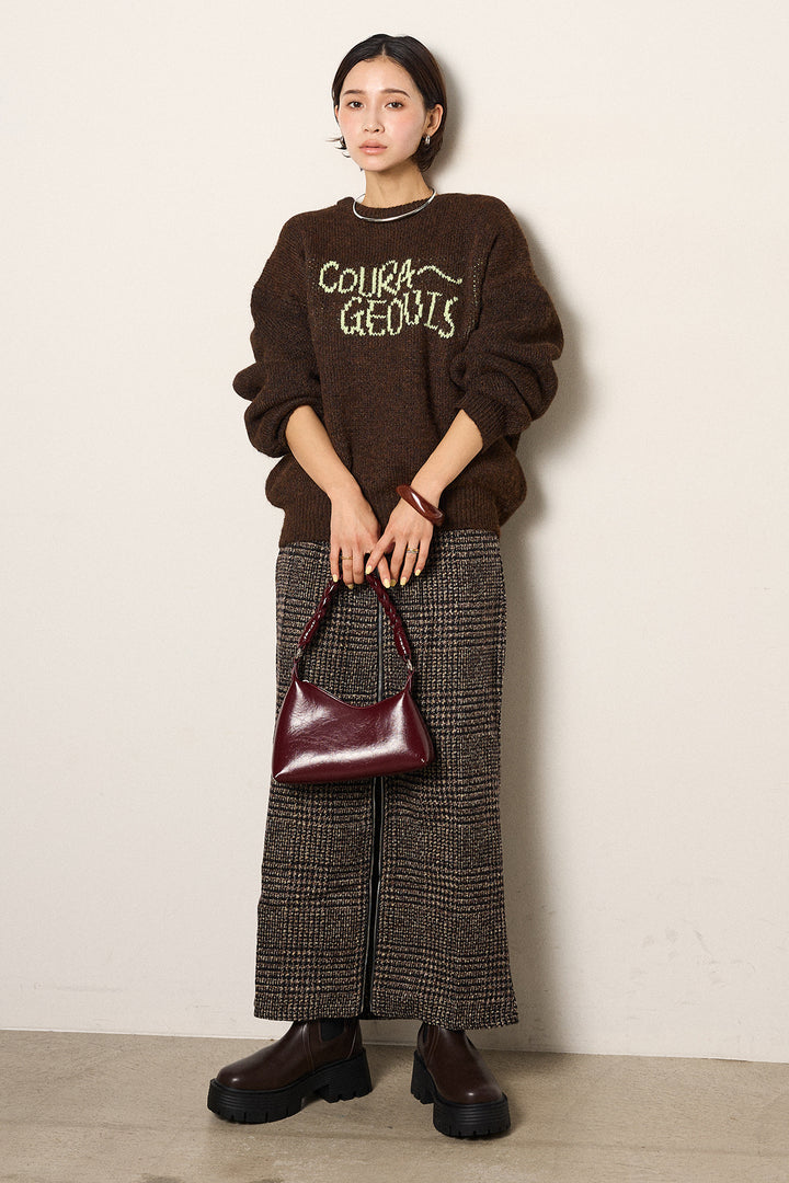 [SET]ロゴシャギーニットプルオーバー+グレンチェック柄フロントジップタイトスカート(2set)