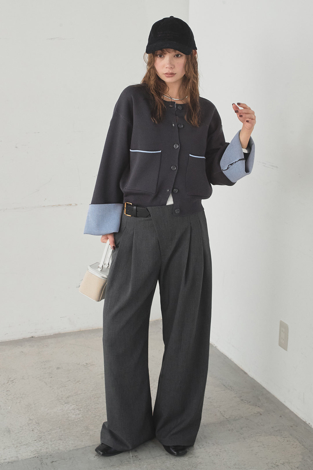 [SET]レーヨンポリダブルフェイスカーディガン+サイドベルトタック入りスラックス(2set)