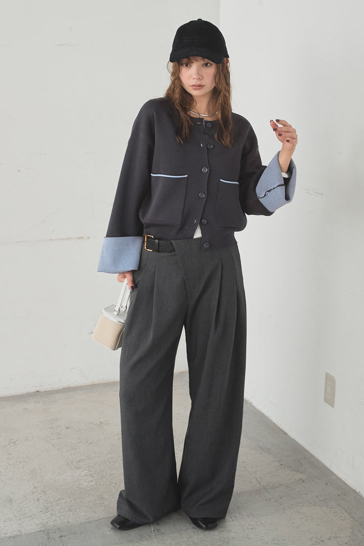 [SET]レーヨンポリダブルフェイスカーディガン+サイドベルトタック入りスラックス(2set)