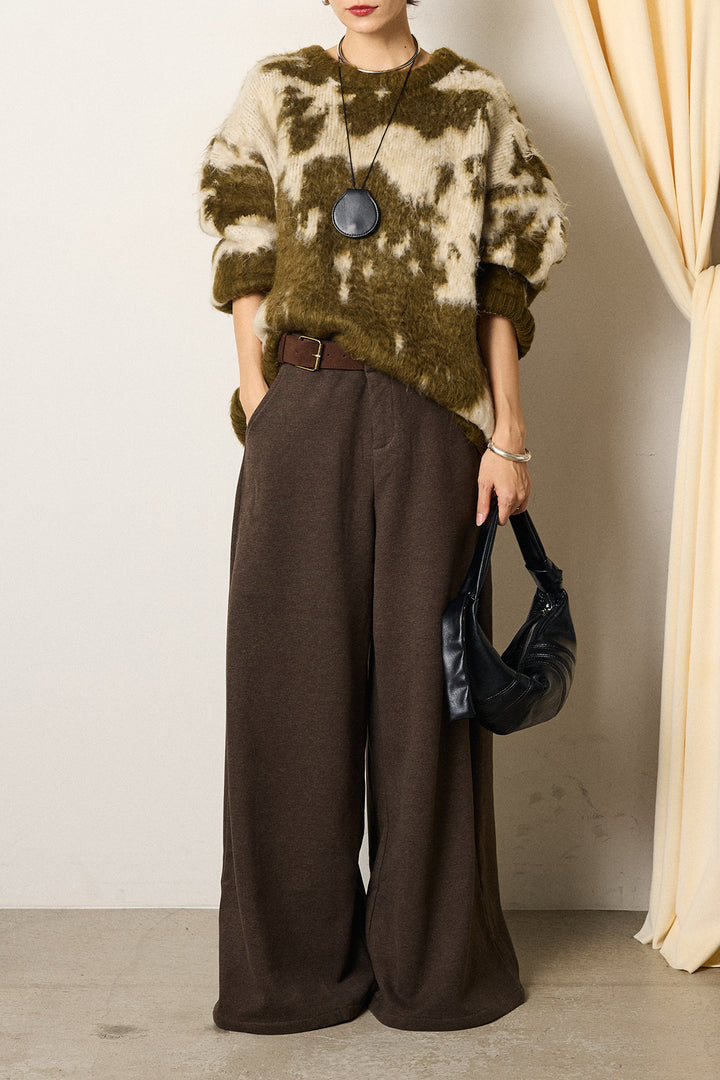 [SET]モヘアタッチマーブルニット+サイドベルトパンツ(2set)