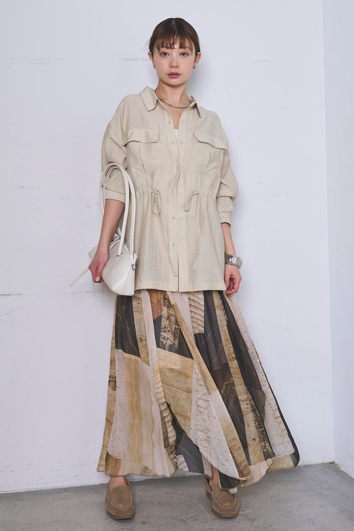 [SET]リネンブレンドシアーサファリシャツ+アートペイント柄スカート(2set)
