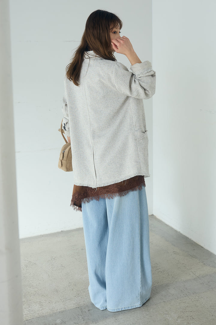 [SET]スラブネップツイードフリンジテーラードジャケット+ウエスト裁ち切りデニムワイドパンツ+サテンレースアシメキャミ(3set)