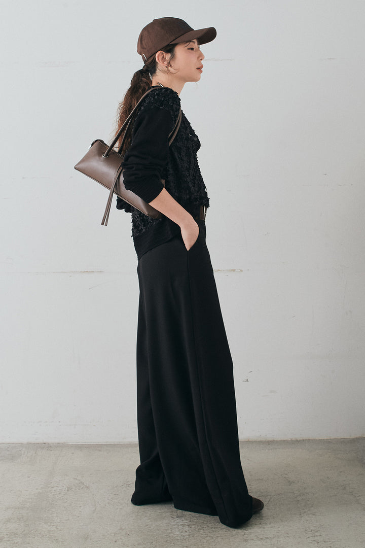 [SET]モコレースVネックカーディガン+太ベルト付きフロントタックパンツ(2set)