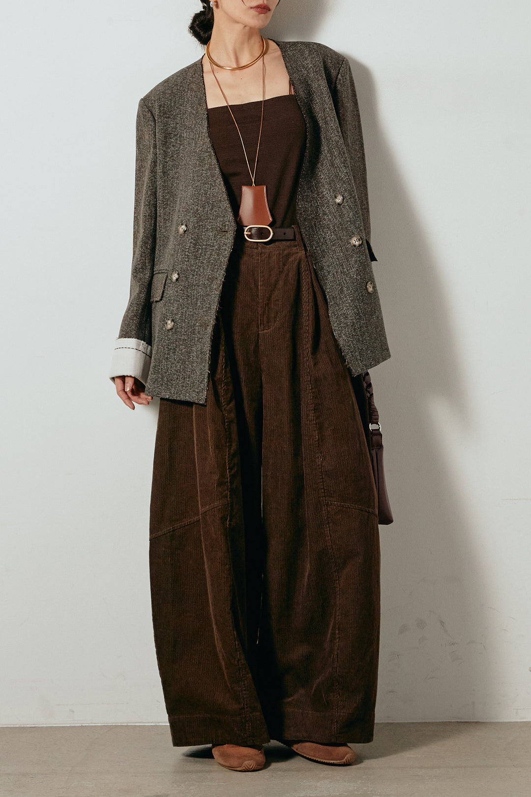 [SET]ノーカラーダブルボタンツイードジャケット+タック入りコーデュロイワイドパンツ(2set)