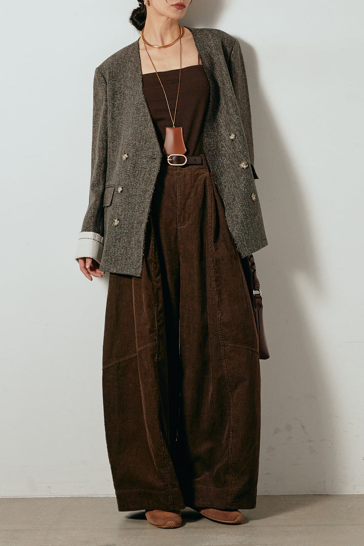 [SET]ノーカラーダブルボタンツイードジャケット+タック入りコーデュロイワイドパンツ(2set)