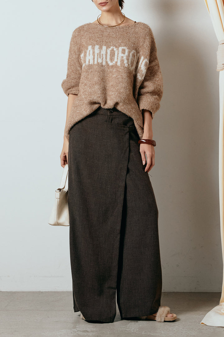 [SET]フロントロゴデザインニットトップス+ラップ巻きワイドスラックス(2set)