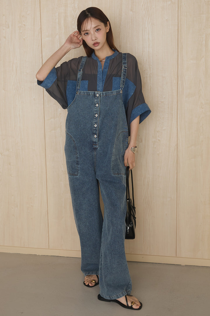 [SET]デニムライクビッグツーポケシアーシャツ+フロントボタンデニムサロペット(2set)