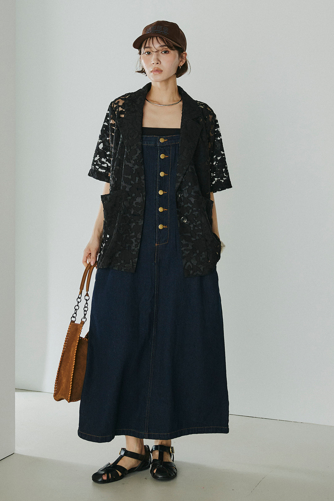 [SET]シアージャガードハーフスリーブテーラードジャケット+配色ショルダーデニムサロペットスカート(2set)