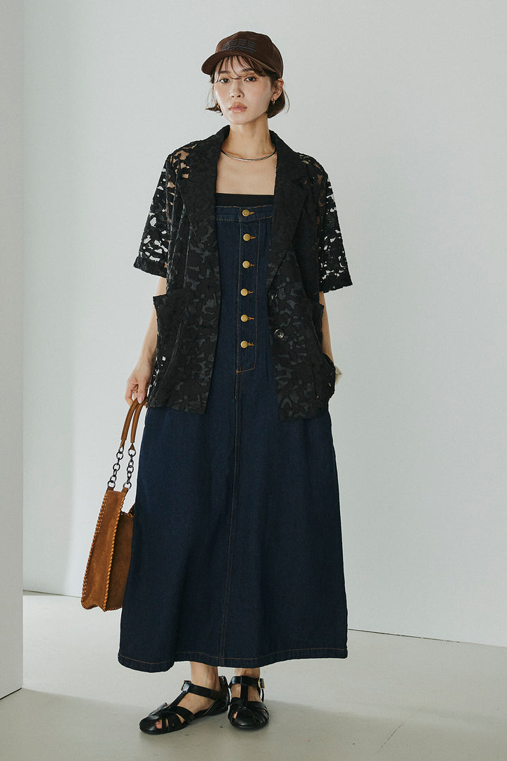 [SET]シアージャガードハーフスリーブテーラードジャケット+配色ショルダーデニムサロペットスカート(2set)