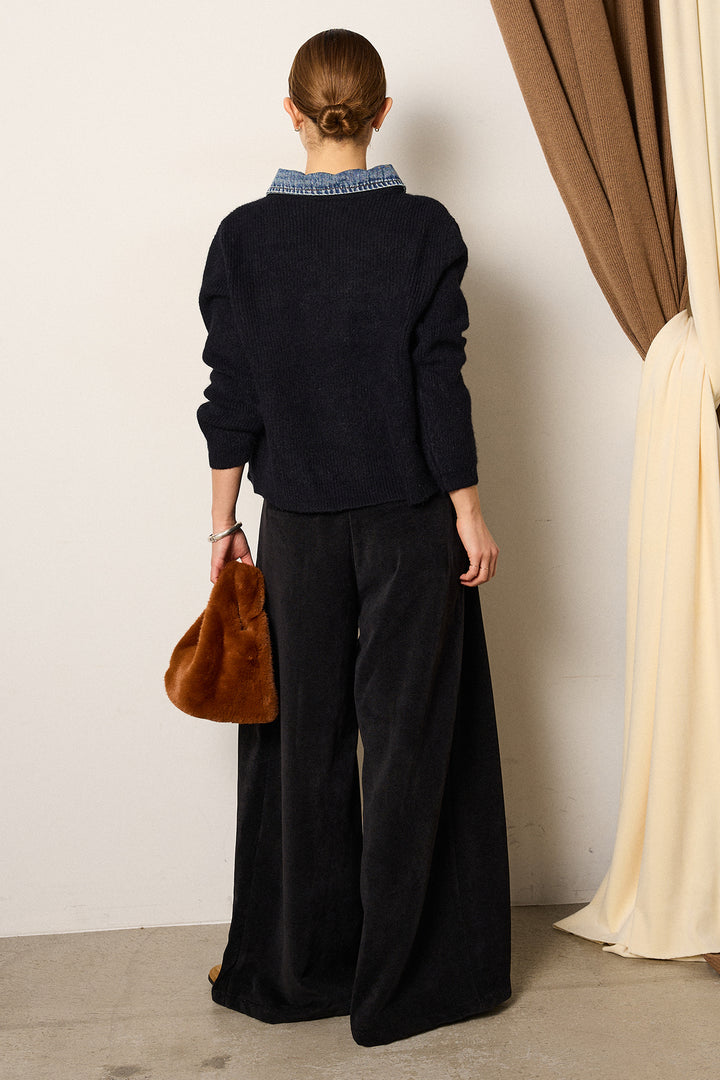 [SET]デニム襟ダブルジップニットトップス+ベルトループコーデュロイワイドパンツ(2set)