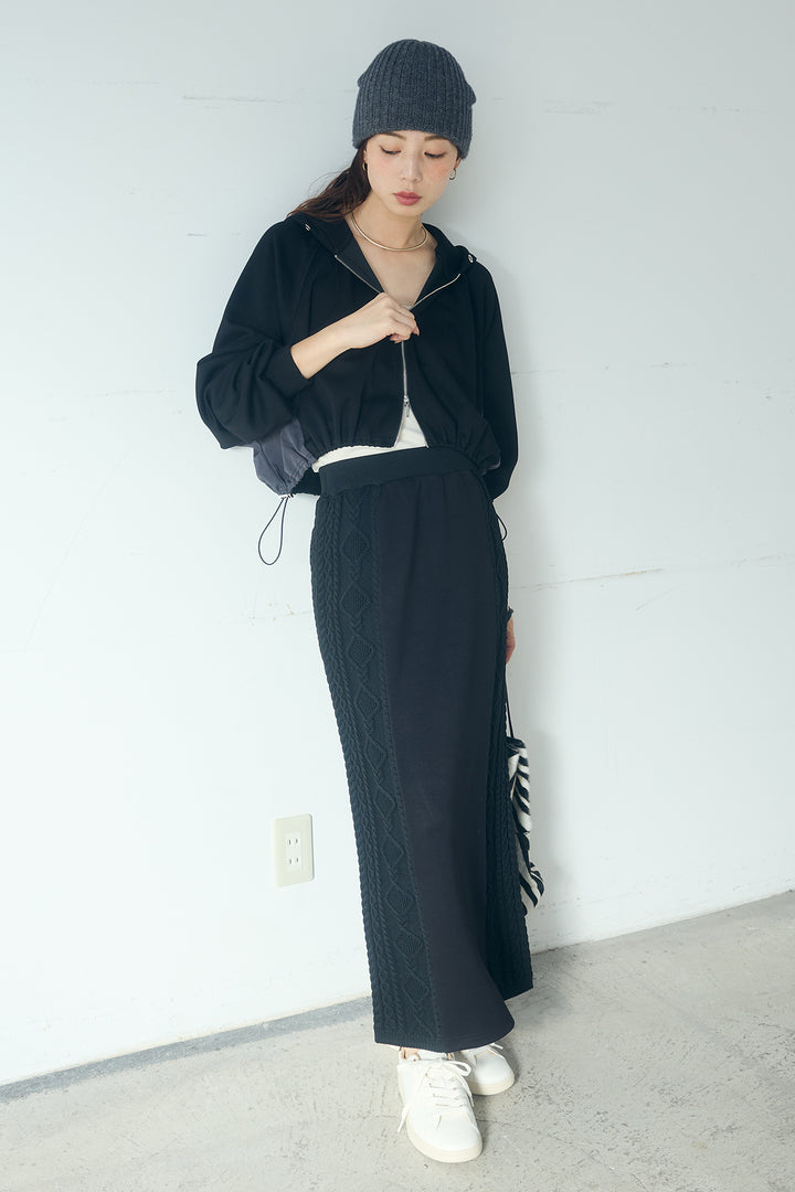 [SET]ドルマンショートフーディー+異素材ドッキングケーブルニットスカート(2set)